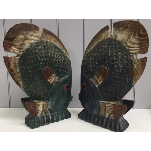 98 - A pair of vintage, wood-carved ornamental fish. One coloured green & the other blue. Dimensions(cm) ... 