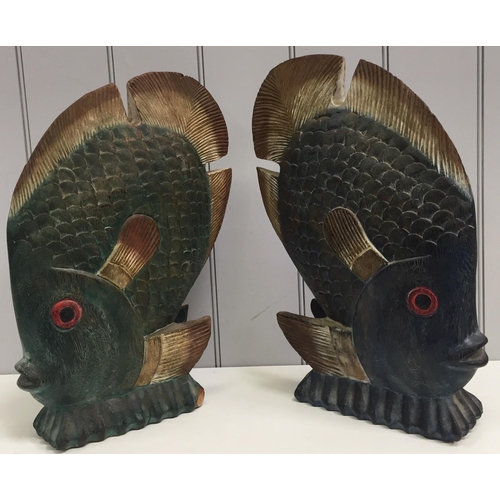 98 - A pair of vintage, wood-carved ornamental fish. One coloured green & the other blue. Dimensions(cm) ... 