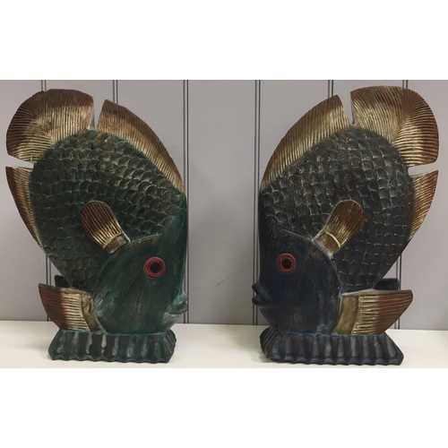 98 - A pair of vintage, wood-carved ornamental fish. One coloured green & the other blue. Dimensions(cm) ... 