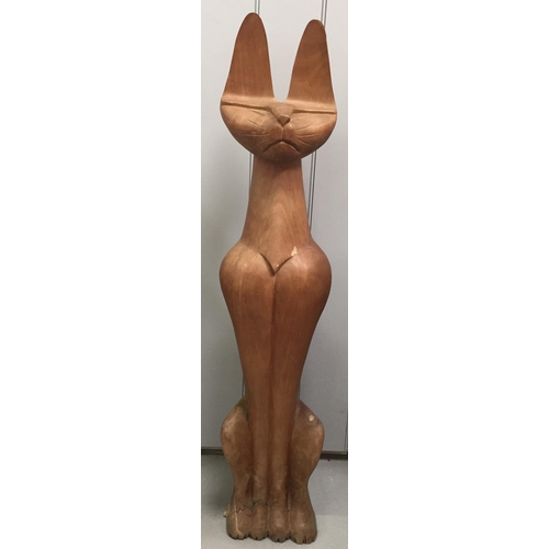 99 - A large-scale, mid-century carved wooden cat figurine. Heavy. Dimensions(cm) H124, W25, D22.