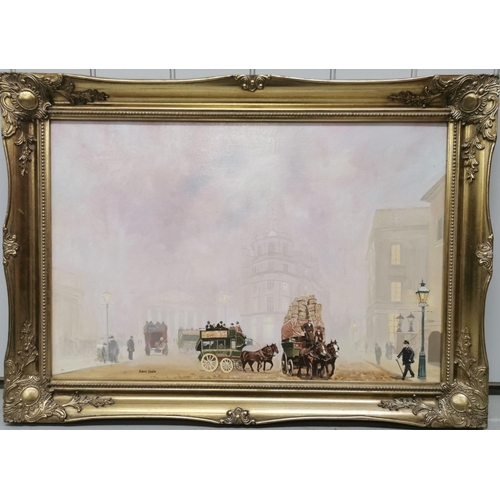A framed, original oil on canvas by Robert Walker, depicting a Victorian street scene in smoggy London. An early piece by the artist, now renowned for contemporary still-life pieces. Framed dimensions 66cm x 90cm.