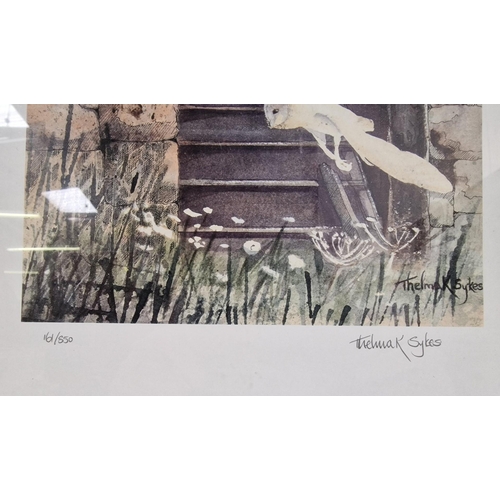 337 - A limited edition, framed print, by Thelma Sykes, depicting a Barn Owl in flight. Limited 161/550. F... 