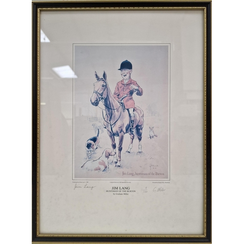 342 - A signed/framed hunting scene print, by Graham Miller, entitled 'Jim Lang Huntsman of the Burton'. L... 