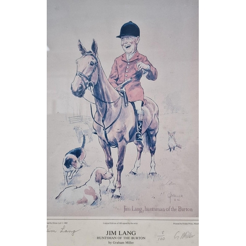 342 - A signed/framed hunting scene print, by Graham Miller, entitled 'Jim Lang Huntsman of the Burton'. L... 