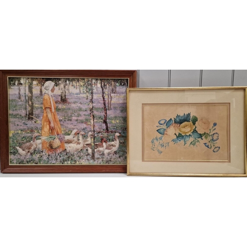 344 - Two framed prints. To include 'The Goose Girl' after Stanley Royle, together with a bouquet of flowe... 