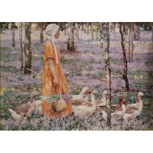 344 - Two framed prints. To include 'The Goose Girl' after Stanley Royle, together with a bouquet of flowe... 