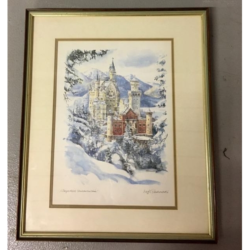 362 - A framed/signed print by Siegfried Piechowski, depicting Castle Neuschwanstein (Germany). Framed dim... 