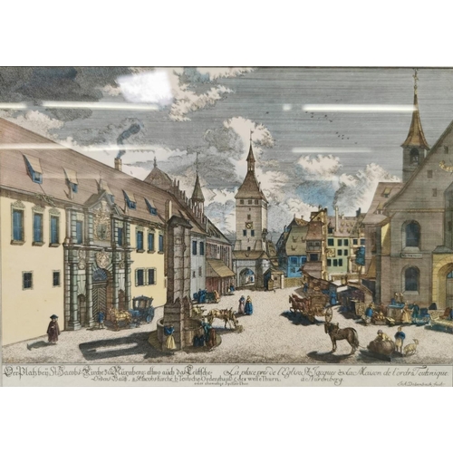 386 - A pair of nicely framed Nuremberg scenic prints. Framed dimensions 28cm x 36cm.