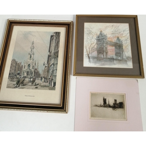 388 - A collection of three vintage prints, all depicting London scenes. Two framed. Framed/unframed dimen... 