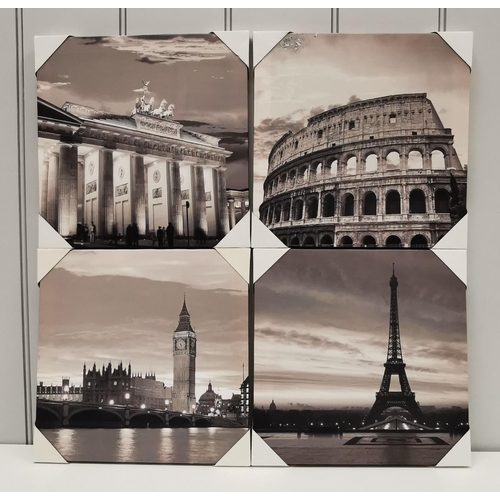 390 - A set of four contemporary canvas prints, of famous landmarks, including Big Ben & The Eiffel Tower.... 