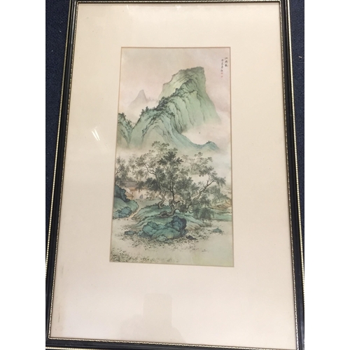 392 - A vintage, framed oriental, mountain scene  print. Framed dimensions 51cm x 33cm.