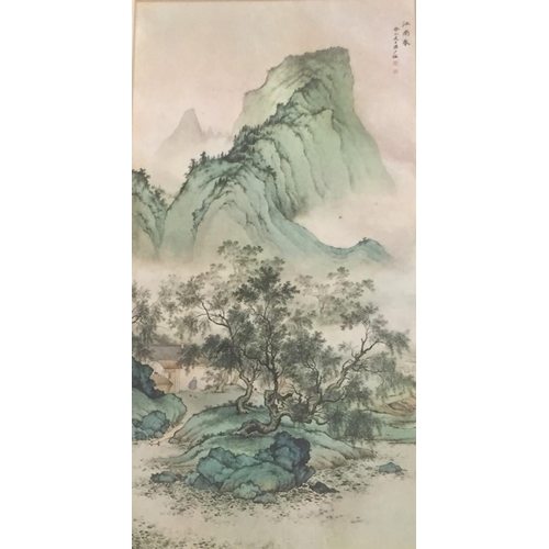 392 - A vintage, framed oriental, mountain scene  print. Framed dimensions 51cm x 33cm.