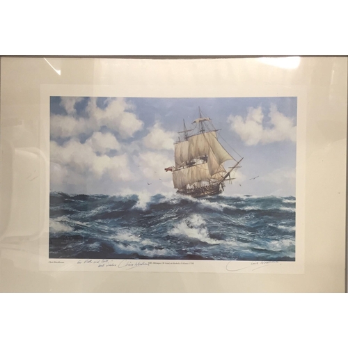 393 - A signed, framed print of HMS Melamphus, by Chris Woodhouse. The original of the 36-gun Bristol-buil... 