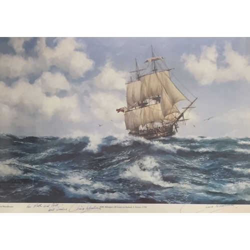 393 - A signed, framed print of HMS Melamphus, by Chris Woodhouse. The original of the 36-gun Bristol-buil... 