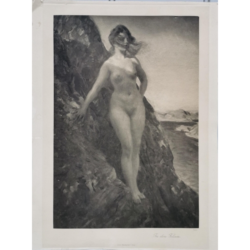 396 - A vintage, unframed print of a nude lady posing on a cliff face, entitled 'Into the Rocks', publishe... 