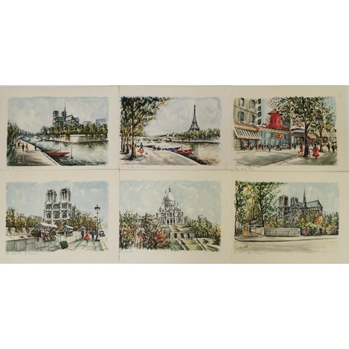 397 - A charming set of six unframed Parisian scene watercolour prints, by C Ducollet (French), from c.195... 