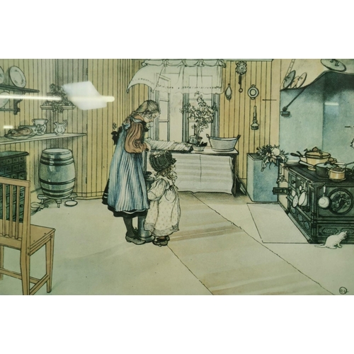 398 - A pair of vintage glass framed prints, by Carl Larsson (Swedish). Each 30cm x 40cm.