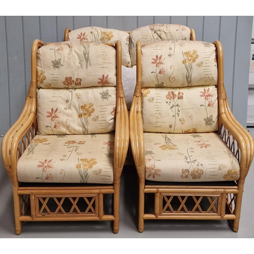 2 - A bamboo & cane conservatory suite, upholstered in a floral patterned beige fabric. To include a two... 