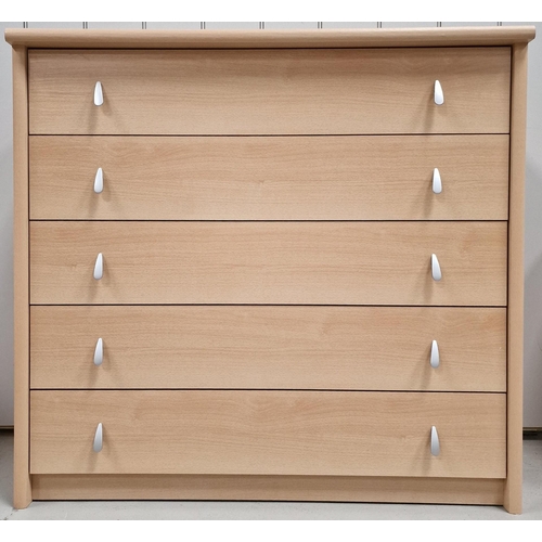 18 - A matching pair of beech coloured bedroom drawers. To include a tall five drawer example & a short t... 