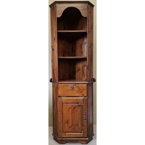 26 - A good quality, dark stained pine corner cabinet, with three internal shelves & brass fittings. Dime... 