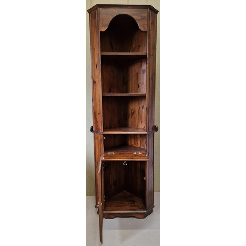 26 - A good quality, dark stained pine corner cabinet, with three internal shelves & brass fittings. Dime... 
