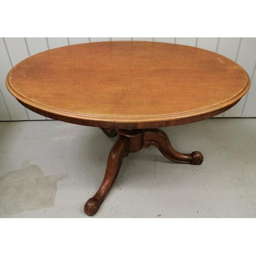 52 - A Victorian, oval tilt-top breakfast table, on tripod pedestal base. Dimensions(cm) H72, W132, D95.