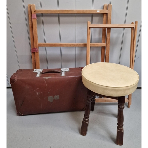59 - A mixed lot of four vintage items. To include two clothes airers, suitcase & reproduction stool. Sto... 