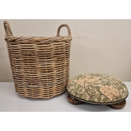62 - A Victorian, upholstered footstool, together with a wicker waste basket. Respective dimensions(cm) H... 