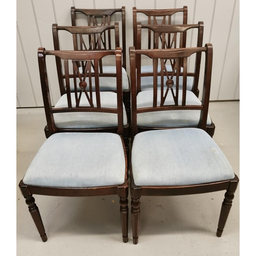 73 - A set of six dining chairs, with blue fabric seat pads. Dimensions(cm) H85(45 to seat), W49, D44.