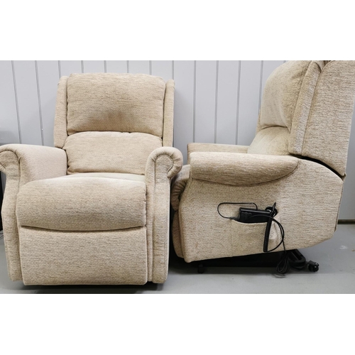 79 - A pair of recline & rise armchairs, in beige coloured fabric. One slightly larger than the other. PA... 