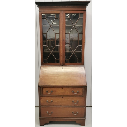 80 - An Edwardian, mahogany bureau-bookcase. Glazed top, with three adjustable shelves over fall front, f... 