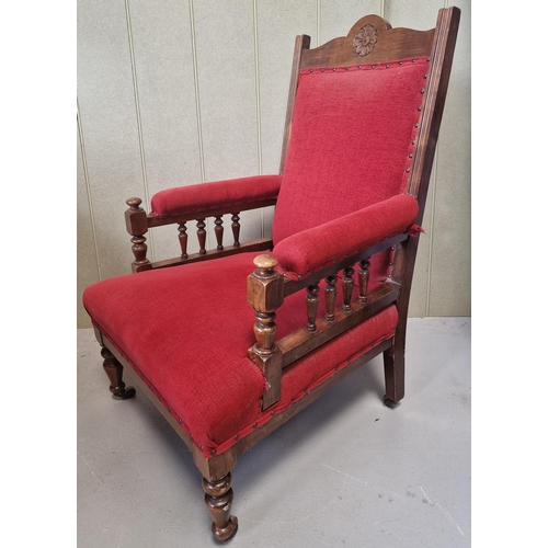 96 - An Edwardian Lounge Chair. Oak framed with a vibrant red fabric upholstery. Dimensions(cm) H102(37 t... 