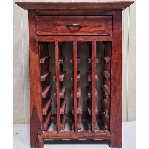 102 - A hard-wood 20-bottle wine rack, with single drawer. Dimensions(cm) H90, W63, D33.