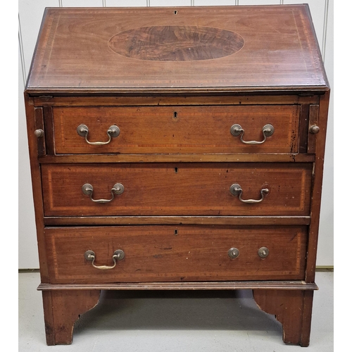 109 - A 19th century inlaid mahogany bureau. Partially fitted interior, with drop-front over three drawers... 