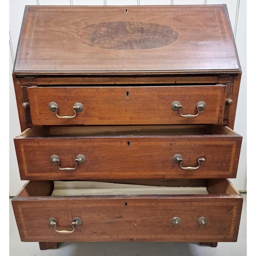 109 - A 19th century inlaid mahogany bureau. Partially fitted interior, with drop-front over three drawers... 