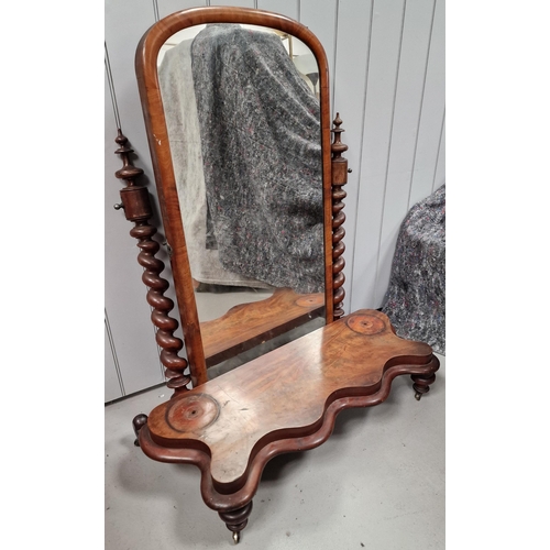 113 - A large Victorian freestanding mirror. Base, supports & mirror present, but missing adjoining feet. ... 