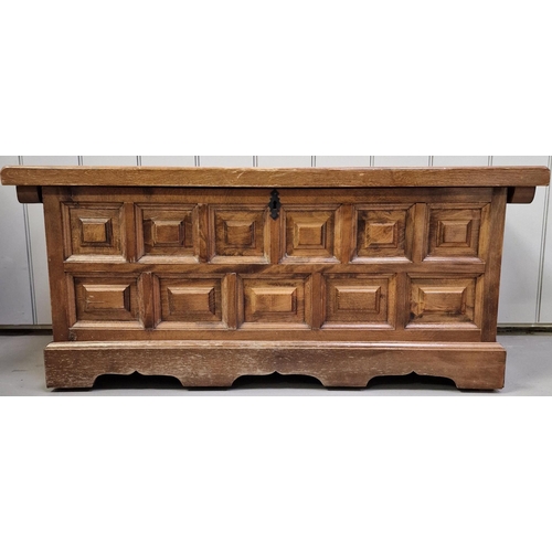 121 - A Toledo-styled, panelled blanket box, with iron fittings. Key present. Dimensions(cm) H44, W100, D4... 