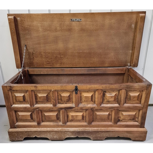 121 - A Toledo-styled, panelled blanket box, with iron fittings. Key present. Dimensions(cm) H44, W100, D4... 