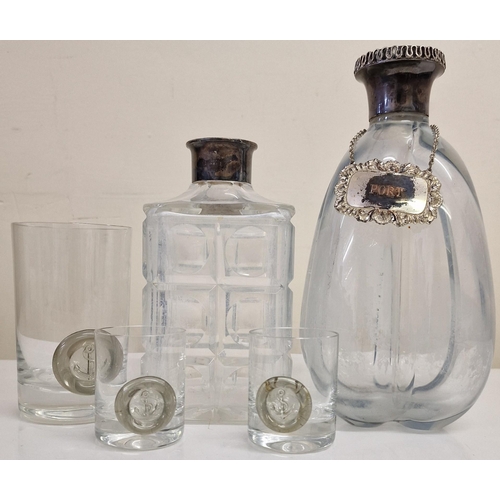 200 - A trio of retro Rosenthal glasses, together with two silver (European 835) collared decanters,