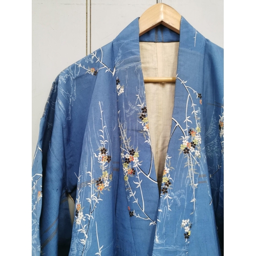 223 - A mid-century, hand-embroidered Japanese silk Kimono, in striking blue, with a reed & landscape desi... 