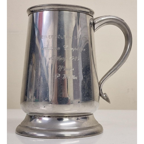 342 - A retro stainless-steel ice bucket (with tongs), together with an engraved pewter tankard.