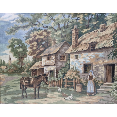 358 - A framed country-scene tapestry, signed to the reverse 'Lily Hemsley, July 1989). 55cm x 69cm.