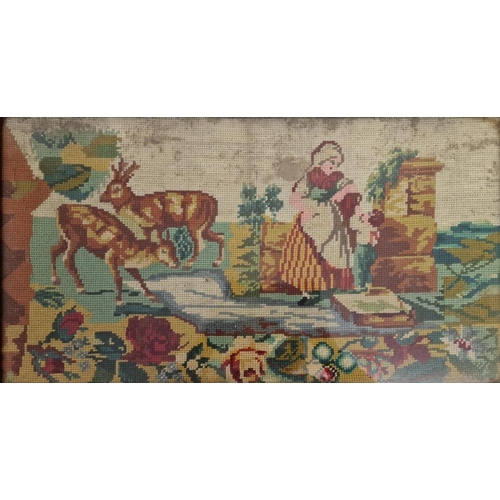 361 - An antique, framed tapestry, depicting a river & deer scene. Framed dimensions 29cm x 64cm.