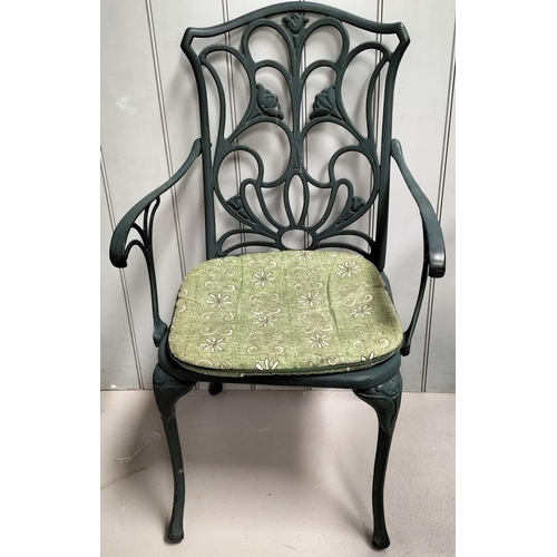 364 - A cast metal garden table & two chairs. Table dimensions(cm) H68, W60, D60; chairs H92(46 to seat), ... 