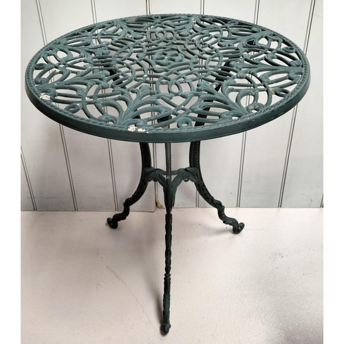 364 - A cast metal garden table & two chairs. Table dimensions(cm) H68, W60, D60; chairs H92(46 to seat), ... 