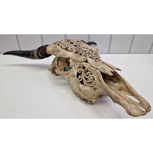 374 - Wall decoration - an intricately carved bull skull. Dimensions (cm) H56, W55, D16.