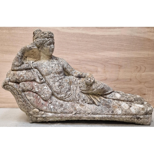 438 - Three stone, figural garden ornaments. To include a reclining maiden, Grecian maiden & cherub. Talle... 