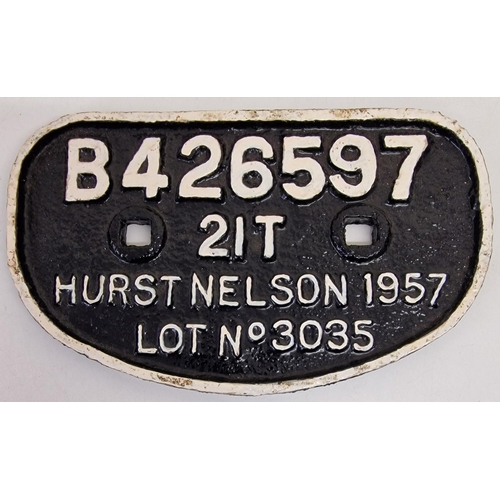 443 - A cast-iron rail wagon plate - 'Hurst Nelson - 21T 1957 Lot no.3035'. Dimensions 17cm x 28cm.