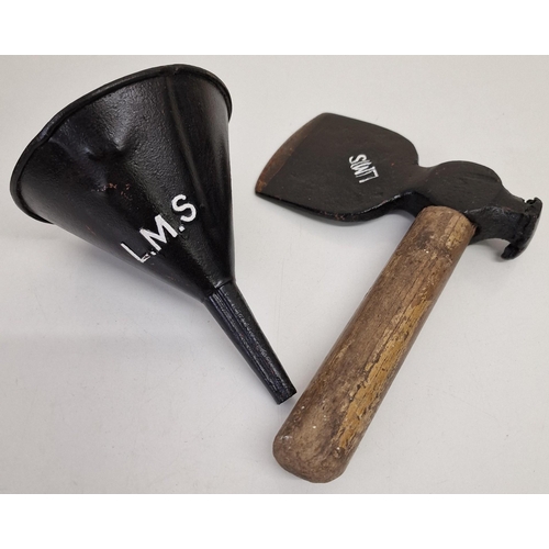 448 - A railwayman's 'LMS' stamped axe & funnel. Axe length 26cm.