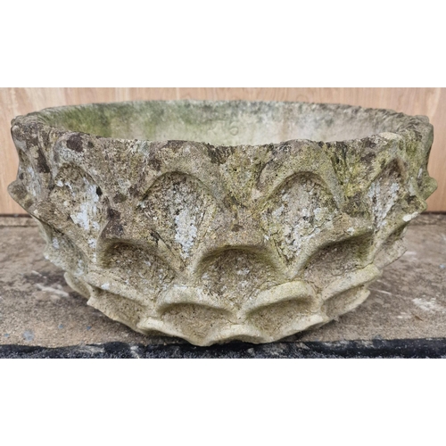 466 - A pair of stone pineapple bowl garden planters. Dimensions(cm) H26, W52, D52.